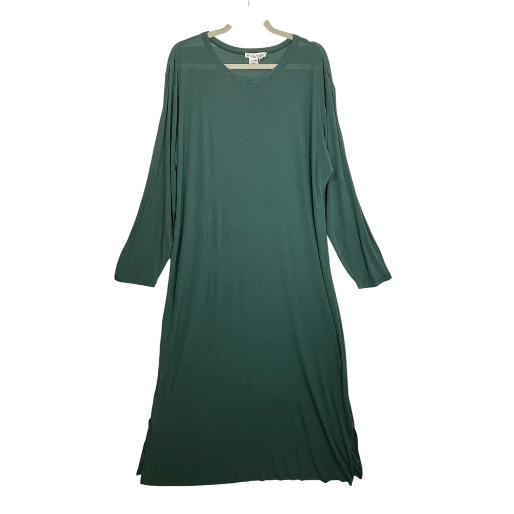 WinterSilks XXL Rare Dark Sage Semi-Sheer 100% Silk Ribbed Maxi Dress Minimalist